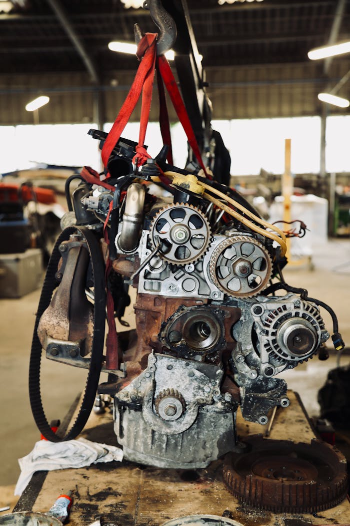 Detailed view of a car engine being repaired, inside an industrial workshop in Saclay, France.